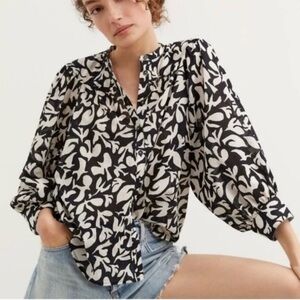 Anthropologie by Danielle Kroll Whimsey Black White Bird Pattern Long Sleeve Top